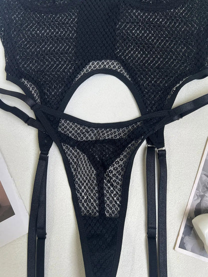 A black sheer mesh lingerie set, featuring a top with a cut-out detail and a thong-style bottom with adjustable garter straps, creating an alluring look.