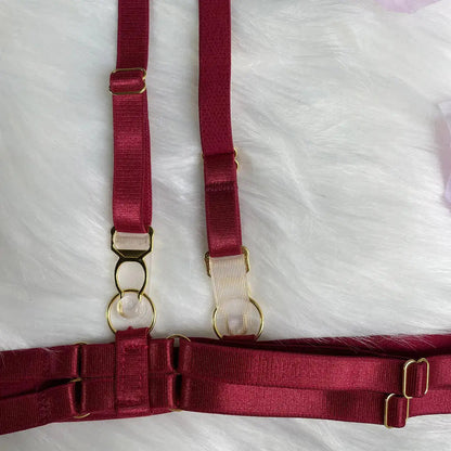 Red harness with gold hardware on a white textured background